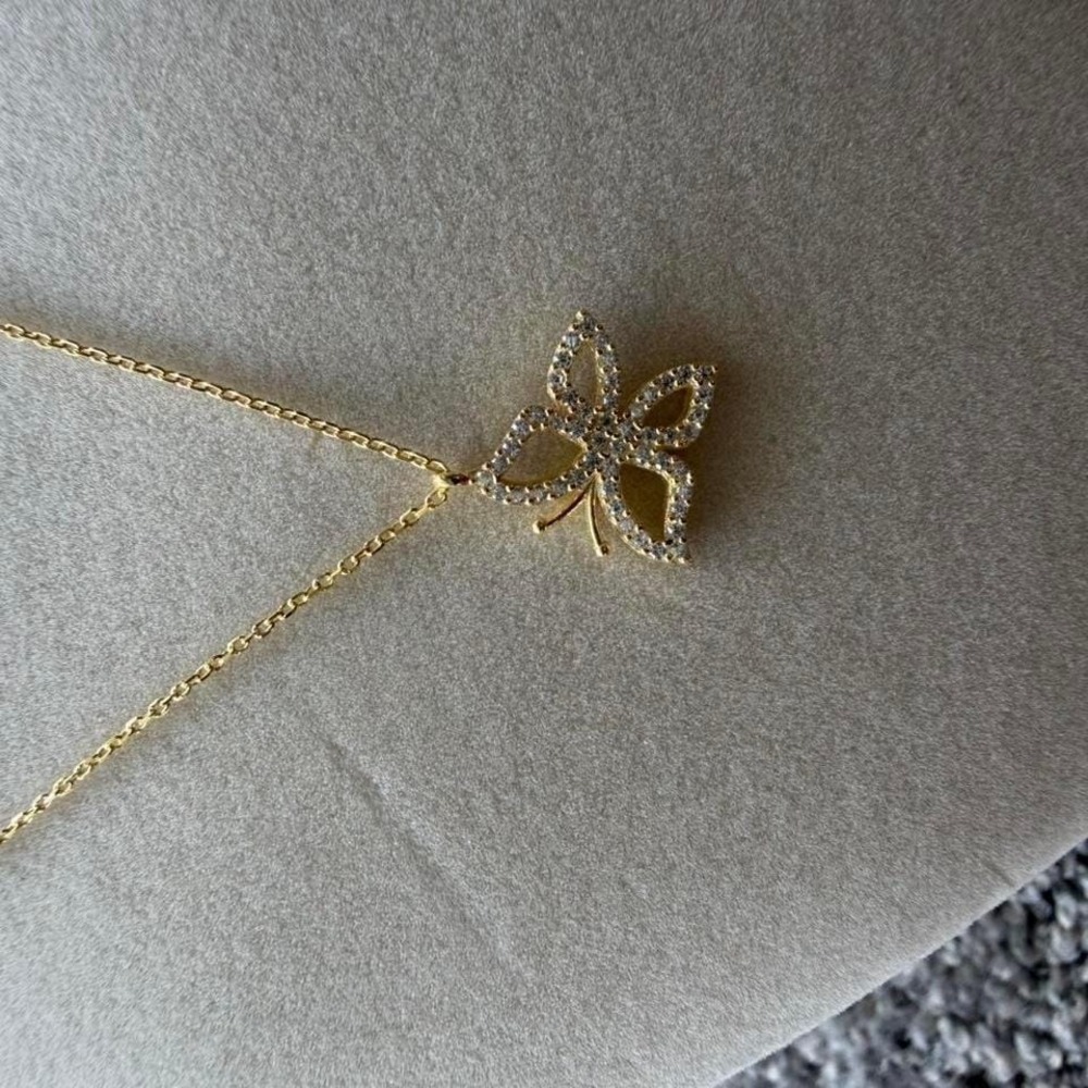 Gold Butterfly Pendant Necklace Pavé Crystal Charm Dainty Jewelry - Picture 4 of 6